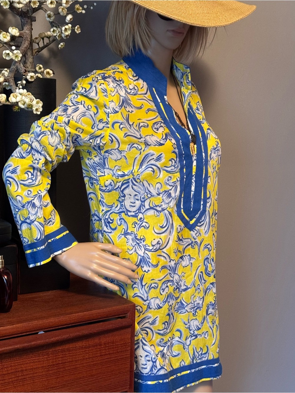 Tory Burch Yellow and Blue Floral-Print Tunic